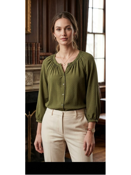 Tucker Tops - Tucker NYC 100% Silk Olive Green Polka Dot The Classic Blouse L/XL
